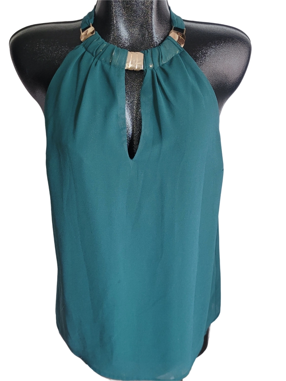 Suzy Shier Forest Green Halter Tank with Gold Accent Neckline Size S